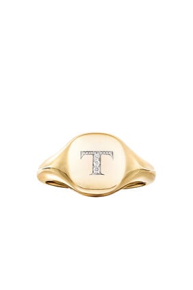 T Mini Pinky Ring, 18K Yellow Gold & Diamonds